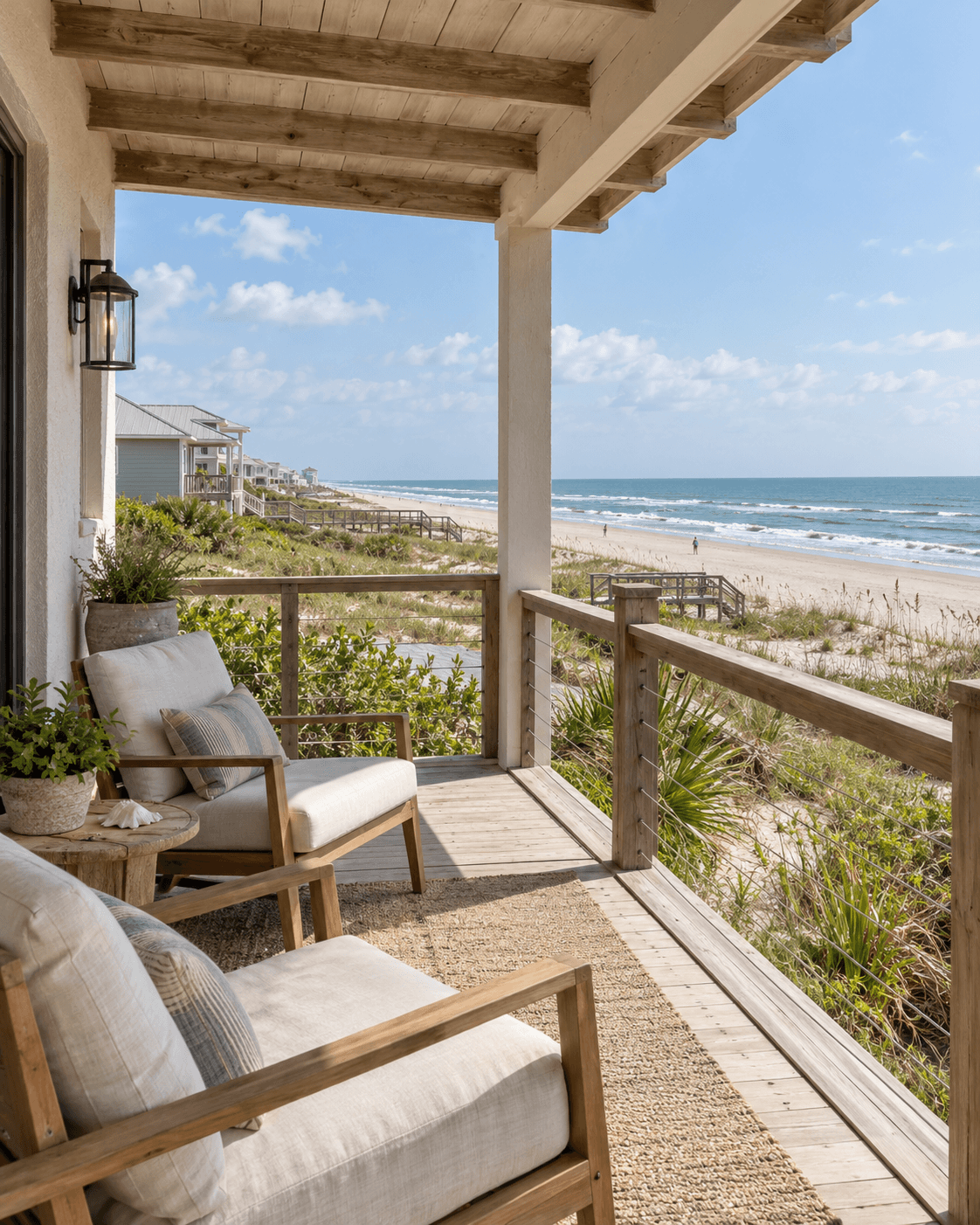 a modest beach villa terrace beside coastal dunes